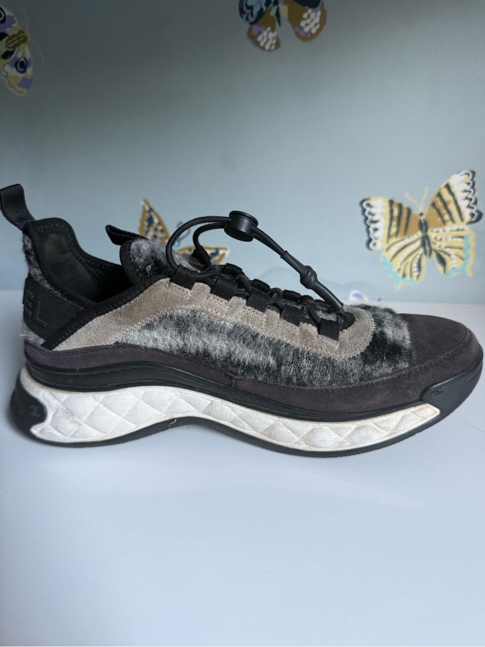 Chanel Black Gray Suede Felted Wool CC Cinch Close Sneakers - Picture 10 of 15